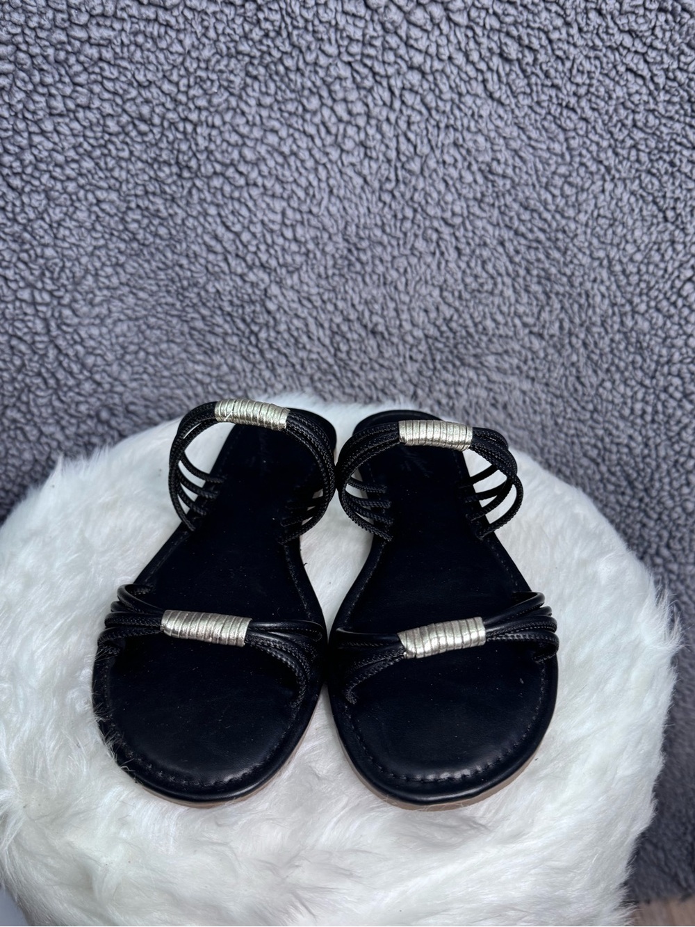 Black Women's Strappy Flat Sandals with Silver Accent